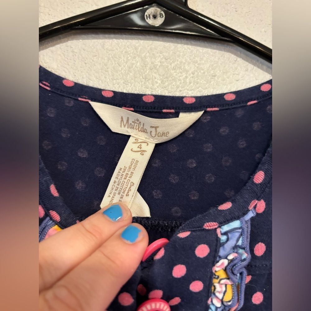 Matilda Jane To The Market dress in navy blue with pink polka dots - Picture 3 of 5